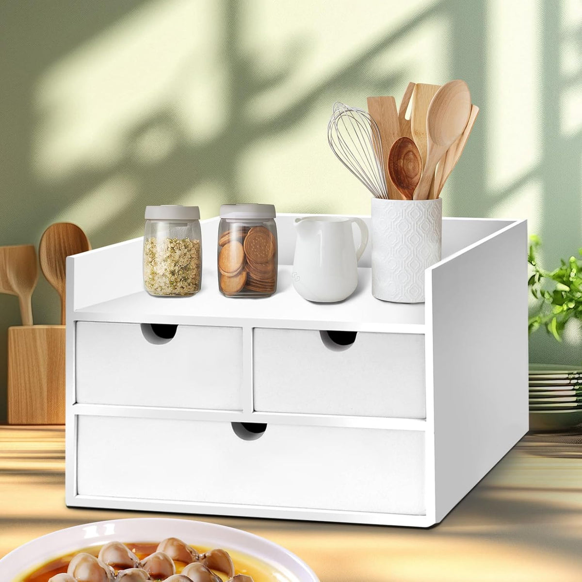 Bamboo Desk Organizer with 3 Drawers, Countertop Organizer with Drawers Makeup Storage Drawer 3 Drawers Tabletop Storage Organization Box Home Office Workspace