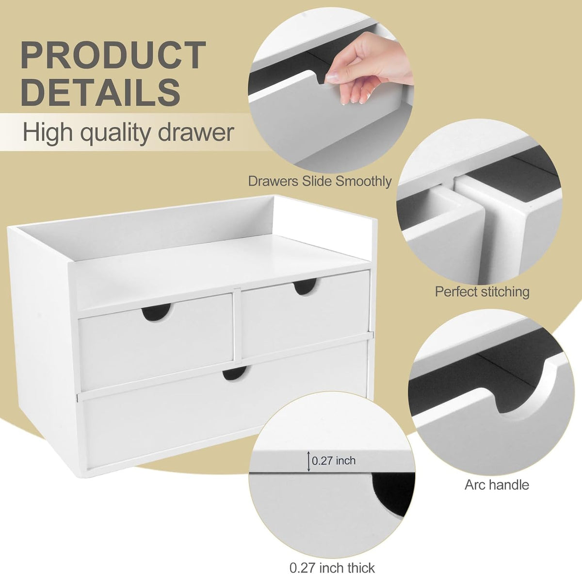 Bamboo Desk Organizer with 3 Drawers, Countertop Organizer with Drawers Makeup Storage Drawer 3 Drawers Tabletop Storage Organization Box Home Office Workspace