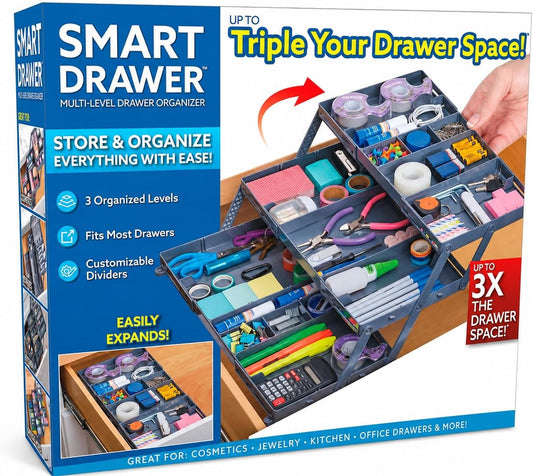 Smart Drawer Organizer - Multi-level Jewelry Holder, Cosmetics Organizer, or Office Drawer Organizer with Adjustable Dividers for Organization and Storage, Fits Drawers 9.8" W x 8.3" L x 2.8" D