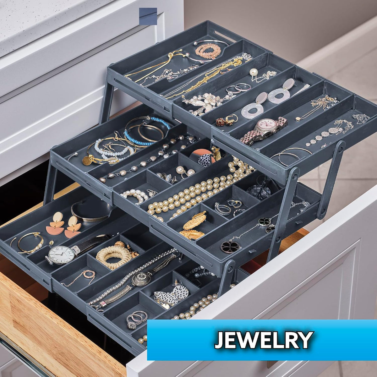 Smart Drawer Organizer - Multi-level Jewelry Holder, Cosmetics Organizer, or Office Drawer Organizer with Adjustable Dividers for Organization and Storage, Fits Drawers 9.8" W x 8.3" L x 2.8" D