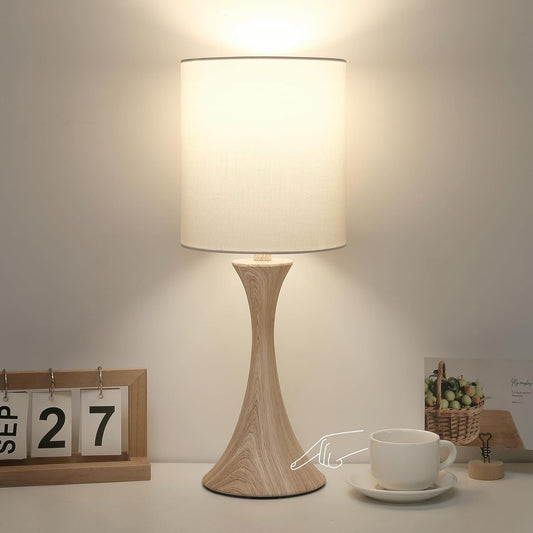 Dimmable Wood Grain Metal Table Lamp, 3 Way Touch Lamp with White Shade