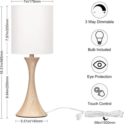 Dimmable Wood Grain Metal Table Lamp, 3 Way Touch Lamp with White Shade