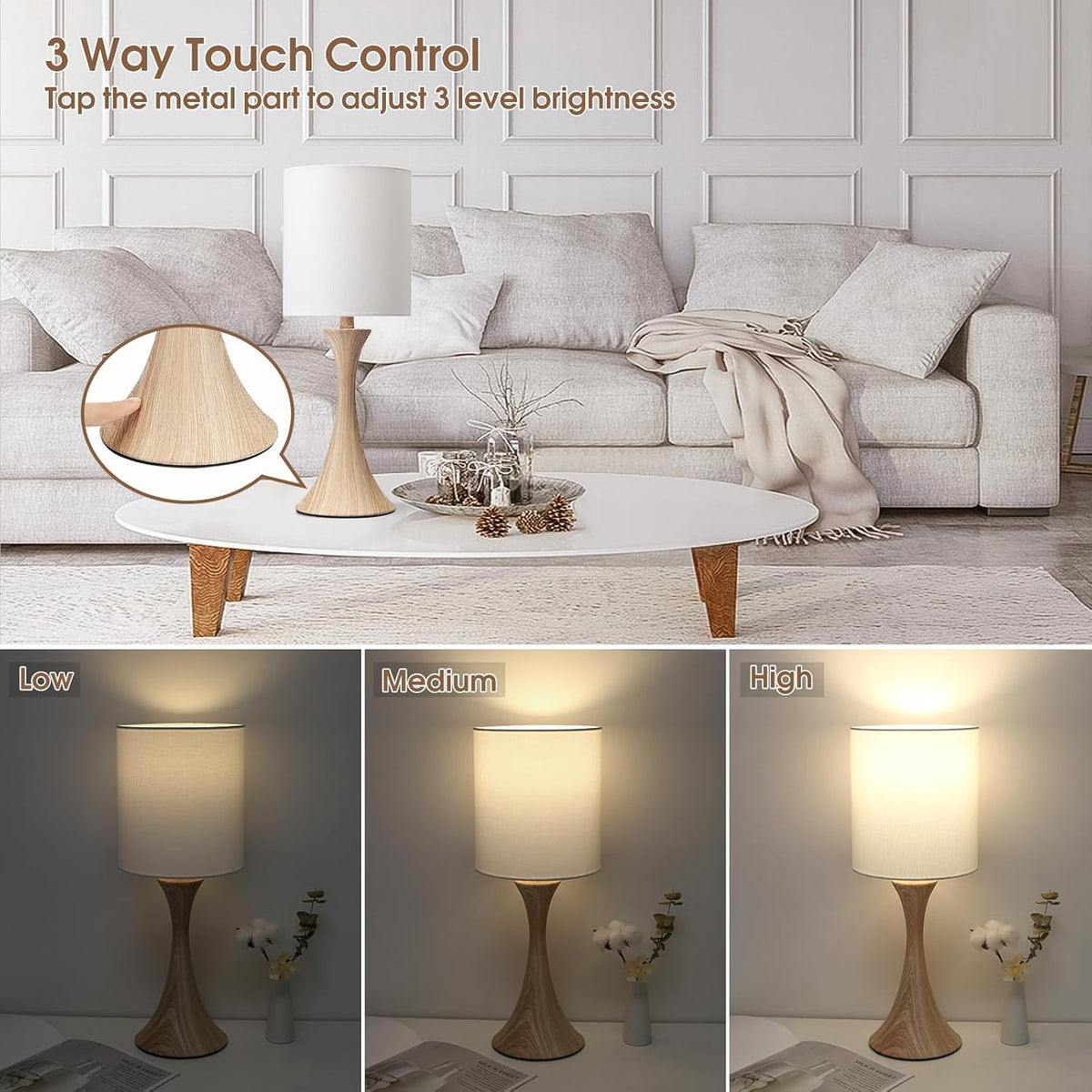 Dimmable Wood Grain Metal Table Lamp, 3 Way Touch Lamp with White Shade