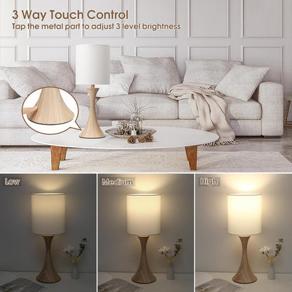 Dimmable Wood Grain Metal Table Lamp, 3 Way Touch Lamp with White Shade