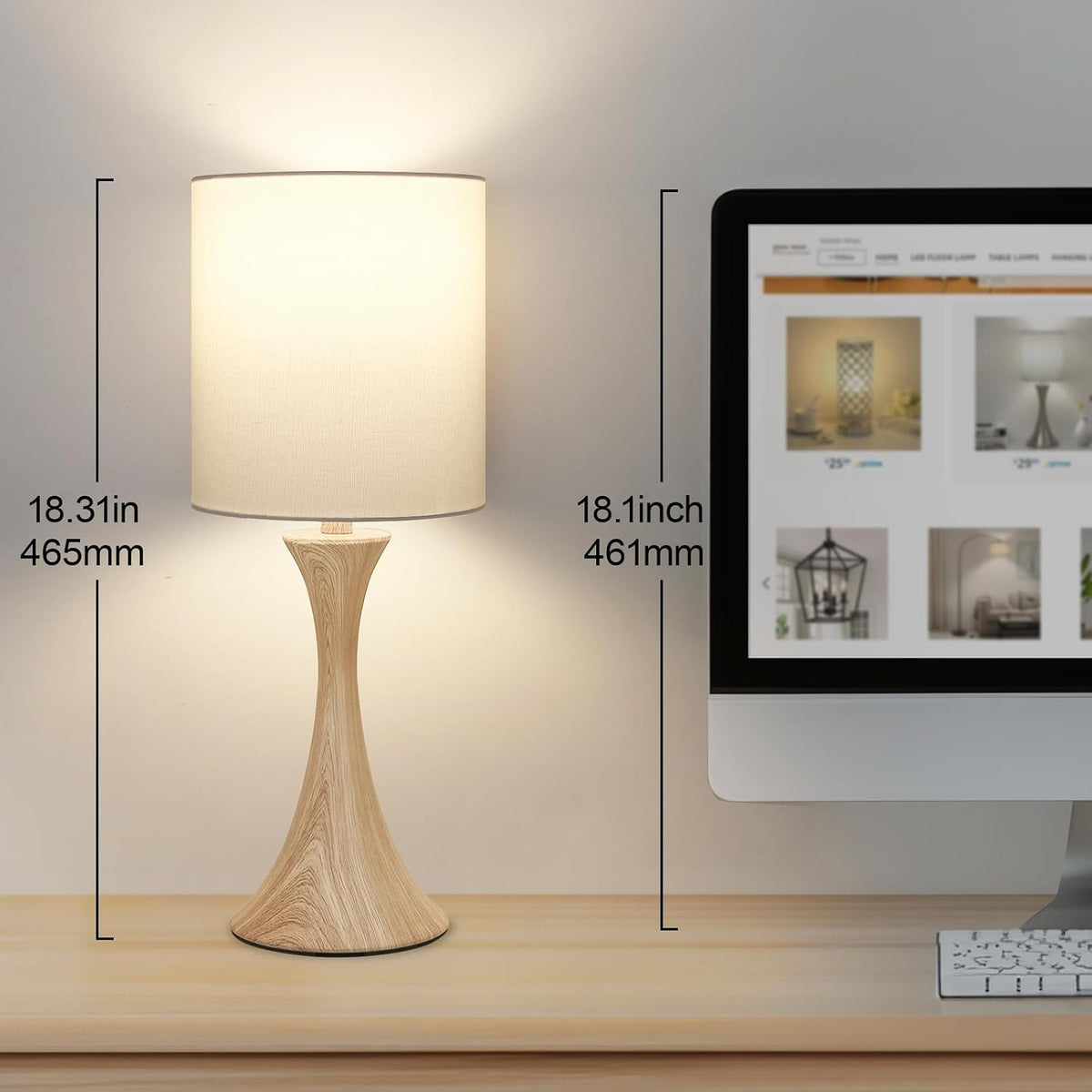 Dimmable Wood Grain Metal Table Lamp, 3 Way Touch Lamp with White Shade