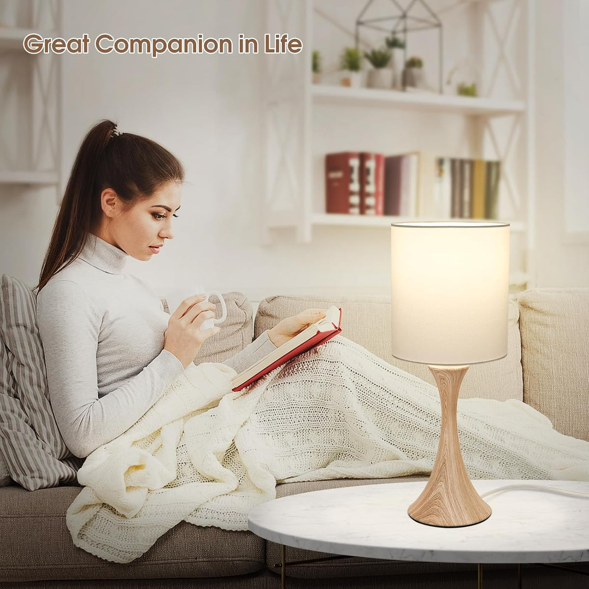 Dimmable Wood Grain Metal Table Lamp, 3 Way Touch Lamp with White Shade