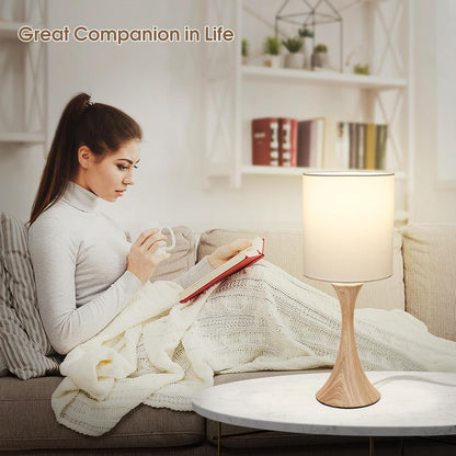 Dimmable Wood Grain Metal Table Lamp, 3 Way Touch Lamp with White Shade