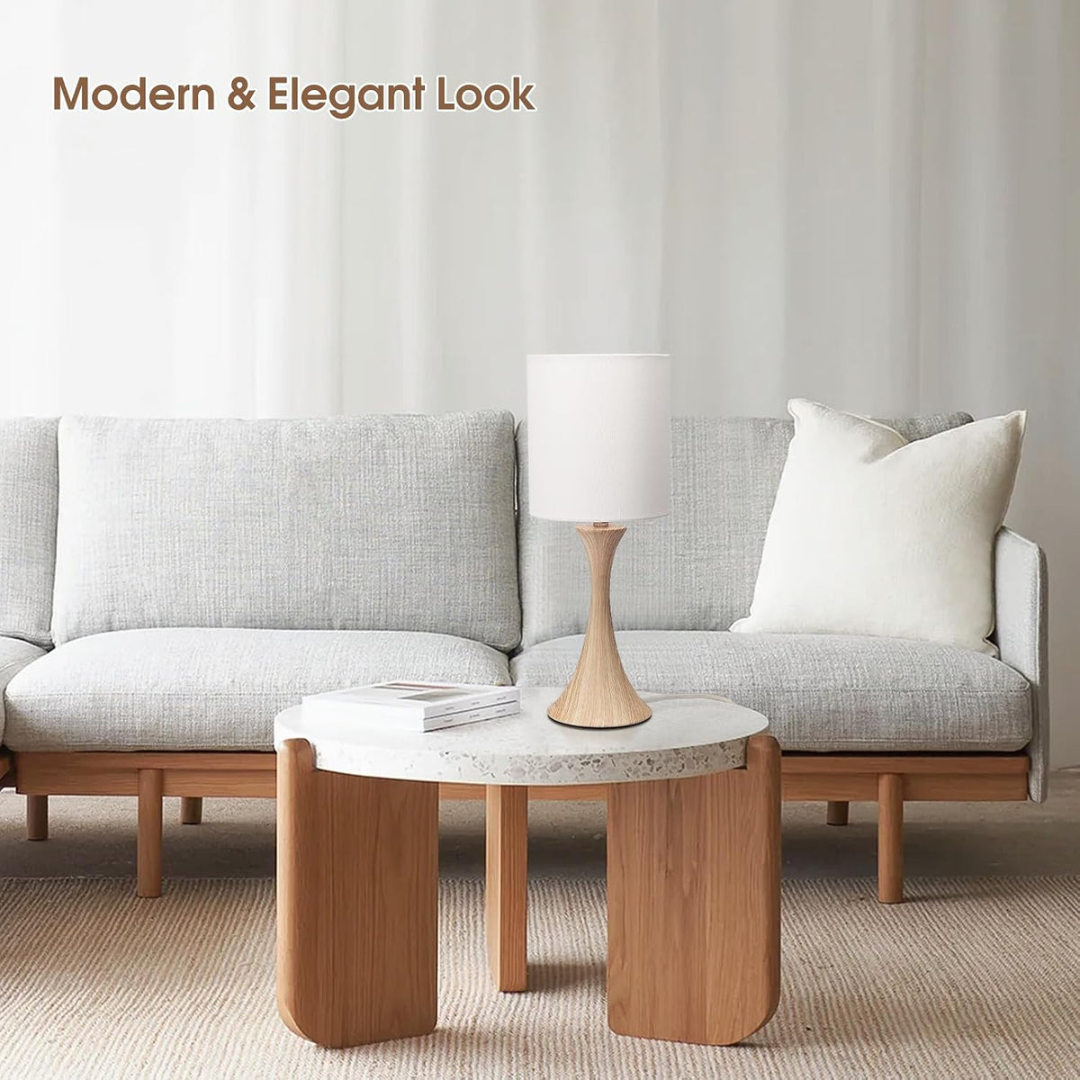 Dimmable Wood Grain Metal Table Lamp, 3 Way Touch Lamp with White Shade