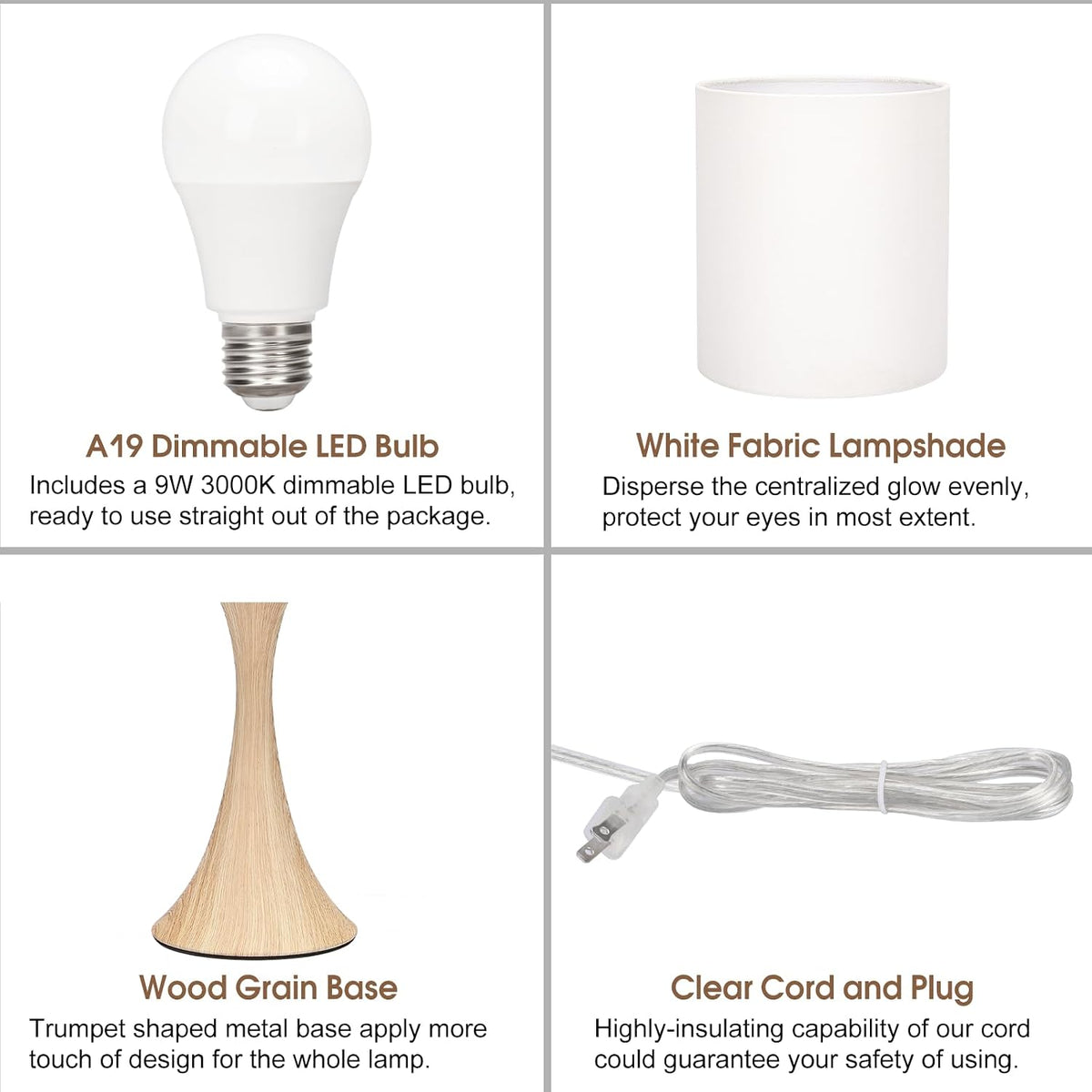 Dimmable Wood Grain Metal Table Lamp, 3 Way Touch Lamp with White Shade