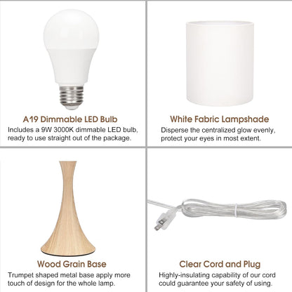 Dimmable Wood Grain Metal Table Lamp, 3 Way Touch Lamp with White Shade