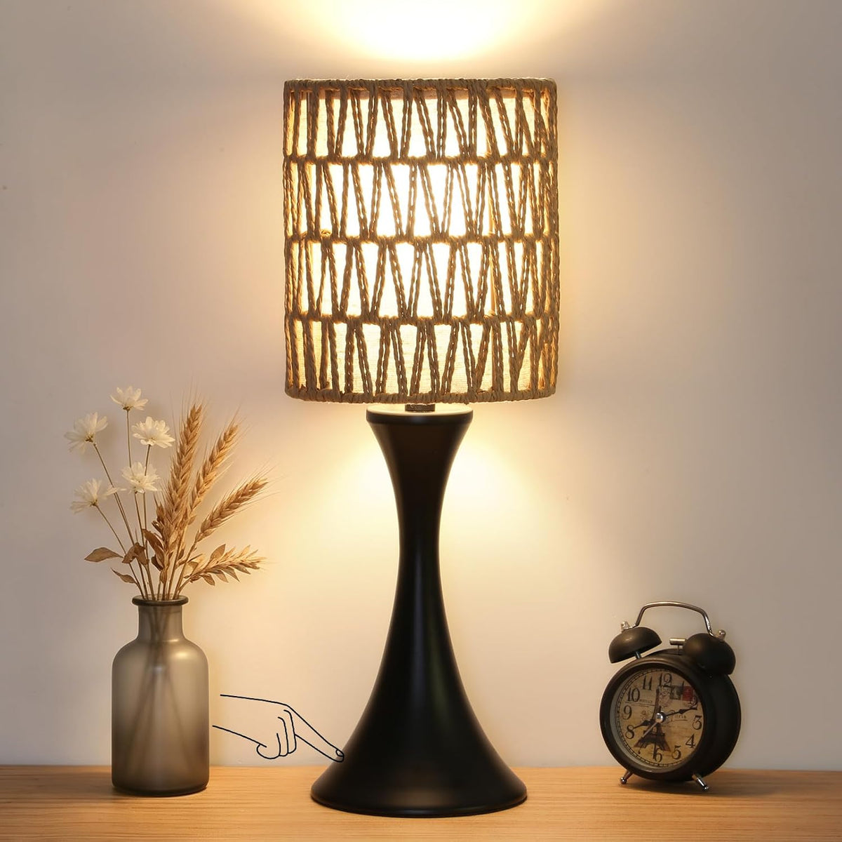 Dimmable Wood Grain Metal Table Lamp, 3 Way Touch Lamp with White Shade
