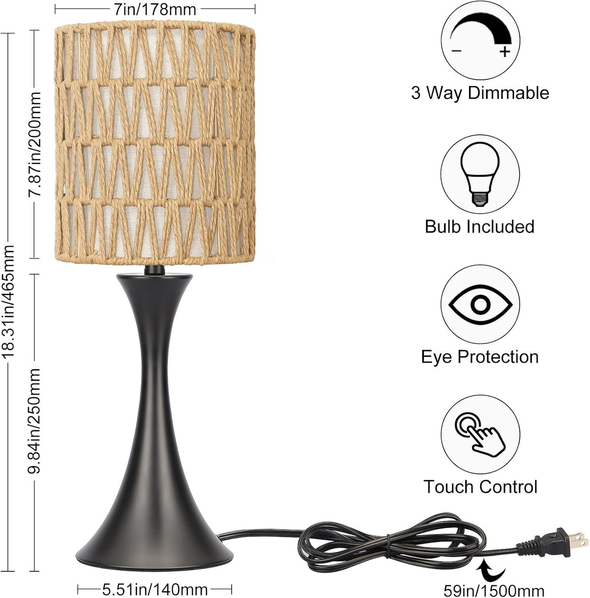 Dimmable Wood Grain Metal Table Lamp, 3 Way Touch Lamp with White Shade