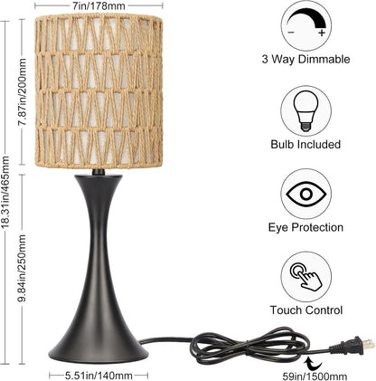 Dimmable Wood Grain Metal Table Lamp, 3 Way Touch Lamp with White Shade