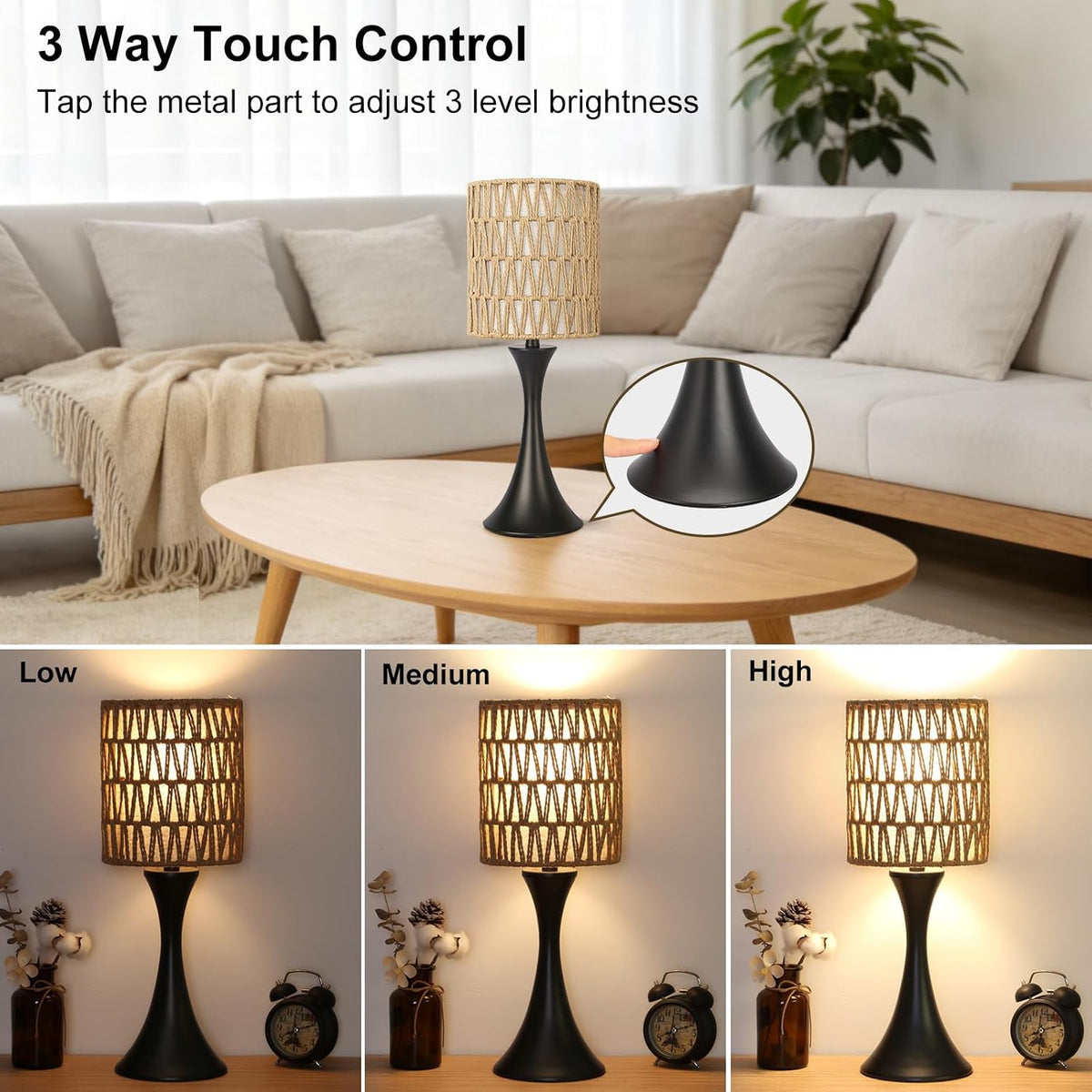 Dimmable Wood Grain Metal Table Lamp, 3 Way Touch Lamp with White Shade