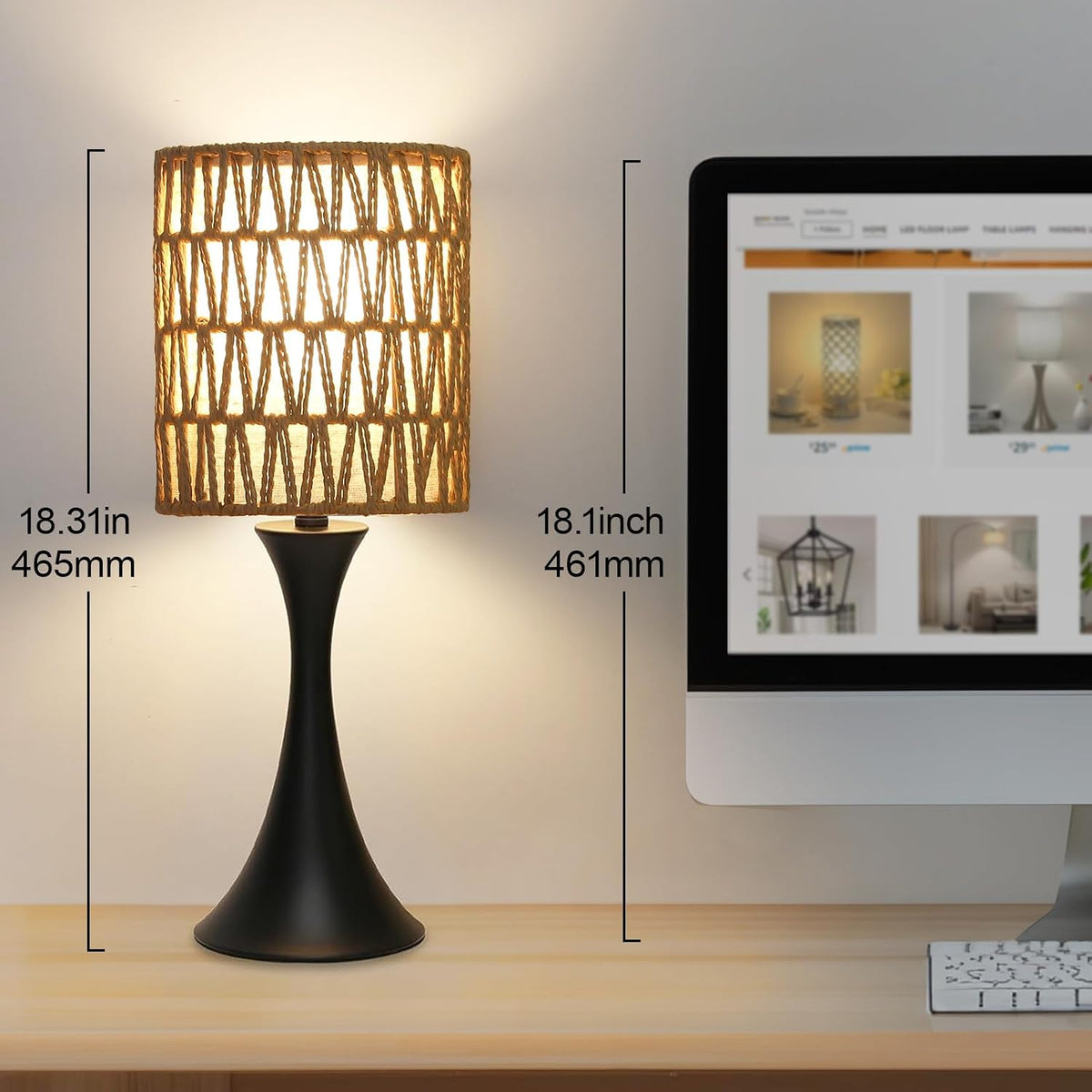 Dimmable Wood Grain Metal Table Lamp, 3 Way Touch Lamp with White Shade