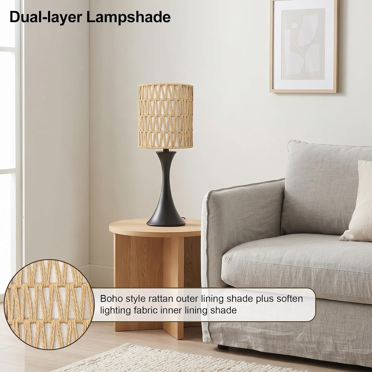 Dimmable Wood Grain Metal Table Lamp, 3 Way Touch Lamp with White Shade