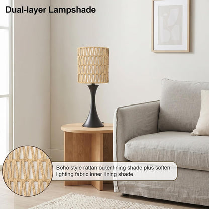 Dimmable Wood Grain Metal Table Lamp, 3 Way Touch Lamp with White Shade
