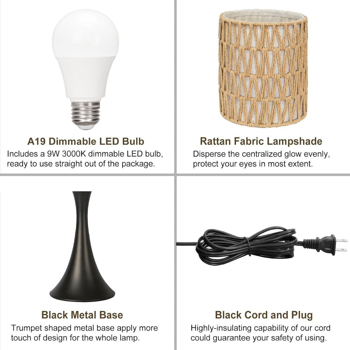 Dimmable Wood Grain Metal Table Lamp, 3 Way Touch Lamp with White Shade