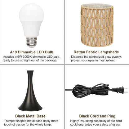 Dimmable Wood Grain Metal Table Lamp, 3 Way Touch Lamp with White Shade