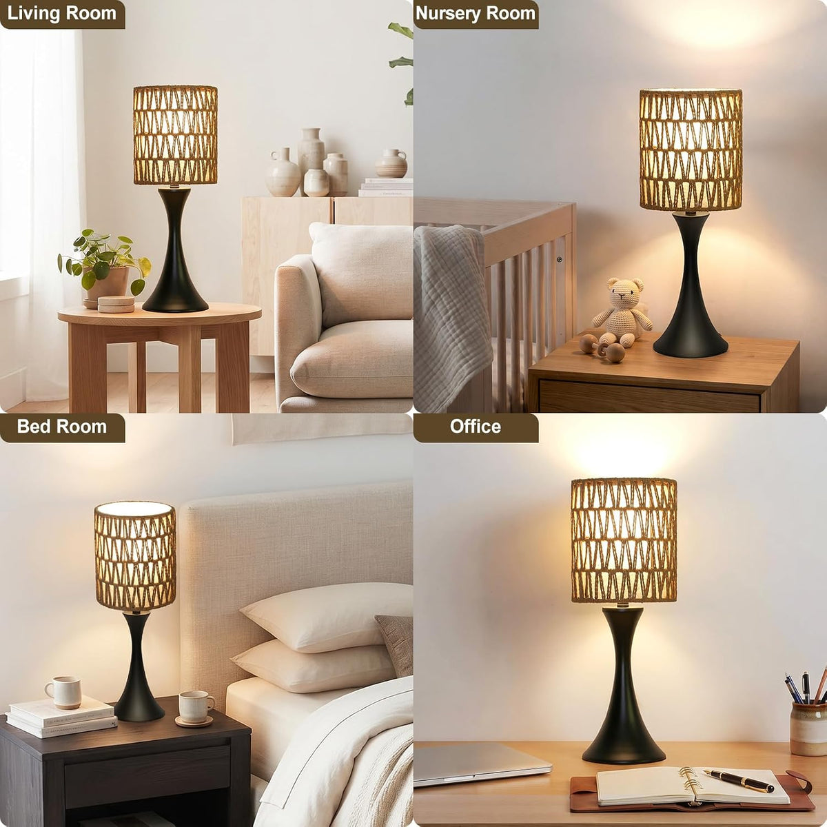 Dimmable Wood Grain Metal Table Lamp, 3 Way Touch Lamp with White Shade