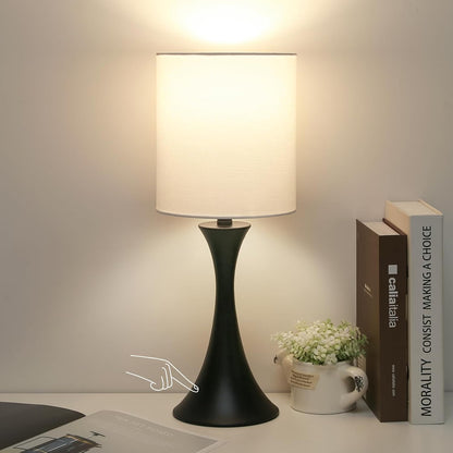 Dimmable Wood Grain Metal Table Lamp, 3 Way Touch Lamp with White Shade