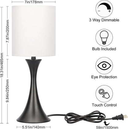 Dimmable Wood Grain Metal Table Lamp, 3 Way Touch Lamp with White Shade