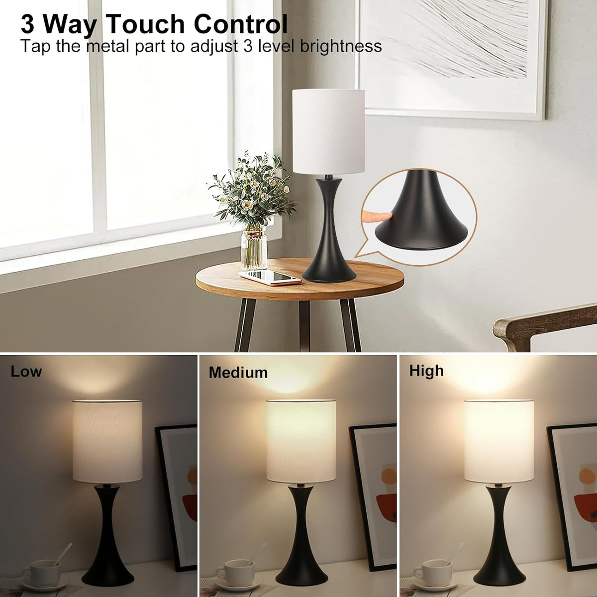 Dimmable Wood Grain Metal Table Lamp, 3 Way Touch Lamp with White Shade