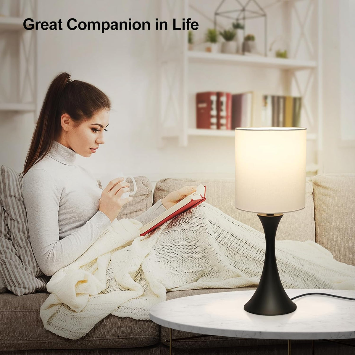 Dimmable Wood Grain Metal Table Lamp, 3 Way Touch Lamp with White Shade