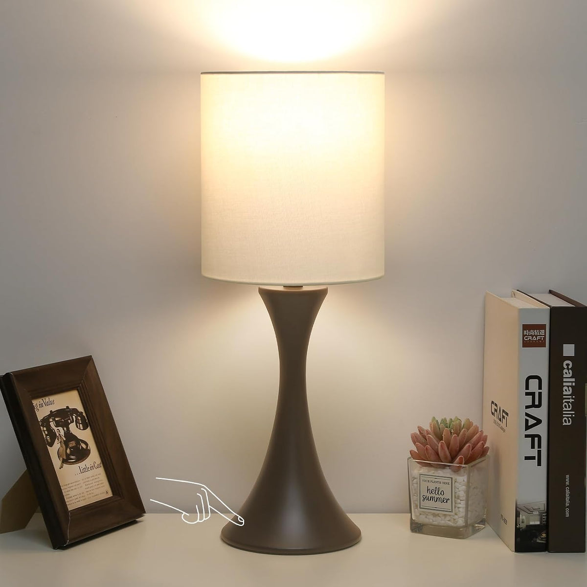 Dimmable Wood Grain Metal Table Lamp, 3 Way Touch Lamp with White Shade