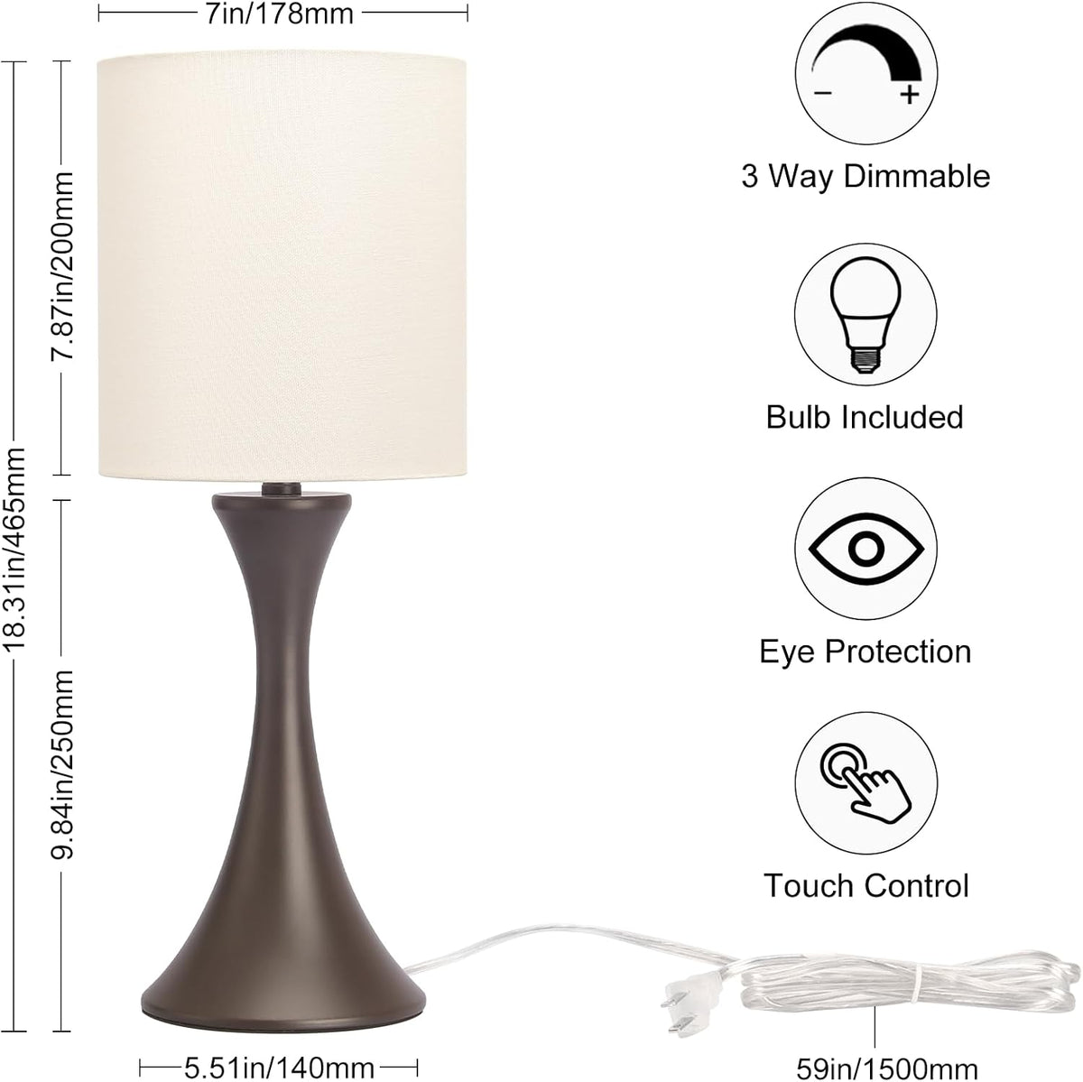Dimmable Wood Grain Metal Table Lamp, 3 Way Touch Lamp with White Shade