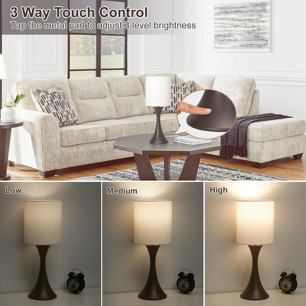 Dimmable Wood Grain Metal Table Lamp, 3 Way Touch Lamp with White Shade