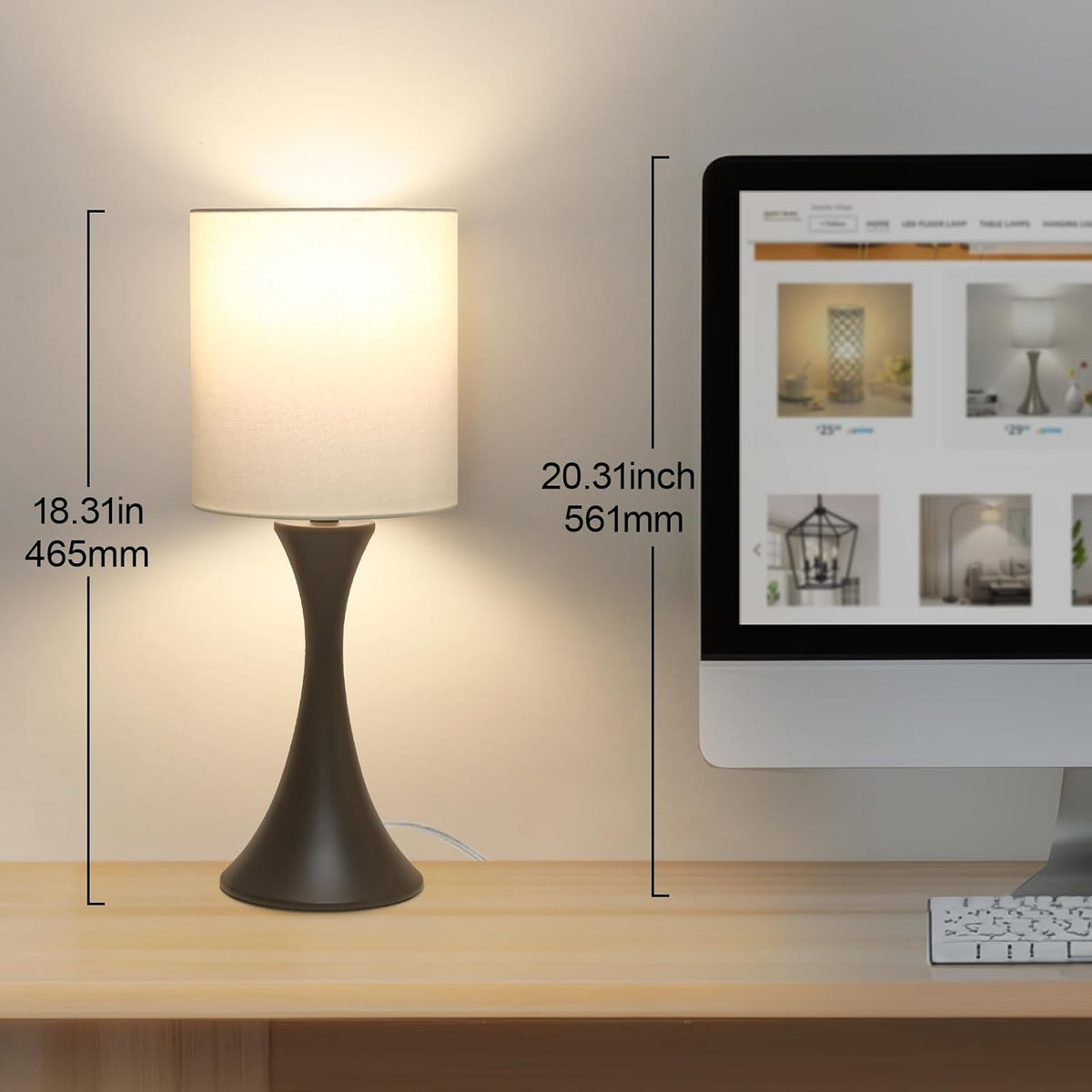 Dimmable Wood Grain Metal Table Lamp, 3 Way Touch Lamp with White Shade
