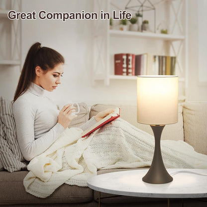 Dimmable Wood Grain Metal Table Lamp, 3 Way Touch Lamp with White Shade