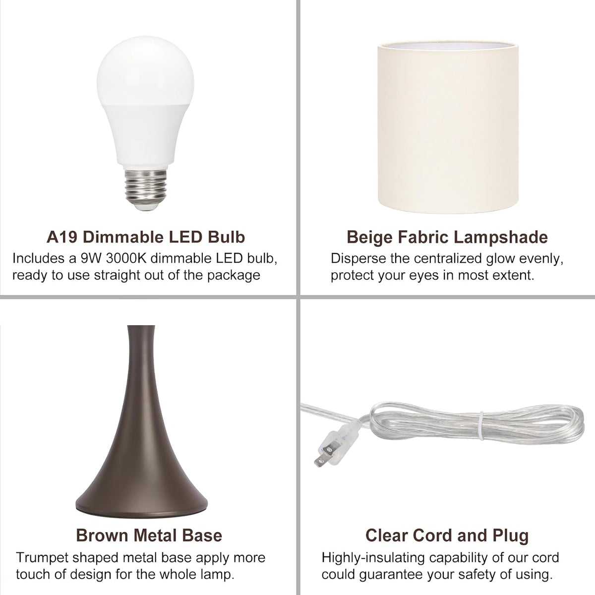 Dimmable Wood Grain Metal Table Lamp, 3 Way Touch Lamp with White Shade