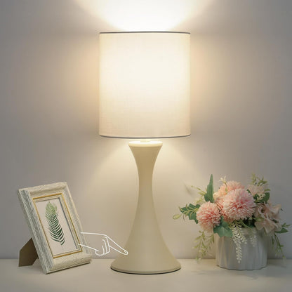 Dimmable Wood Grain Metal Table Lamp, 3 Way Touch Lamp with White Shade