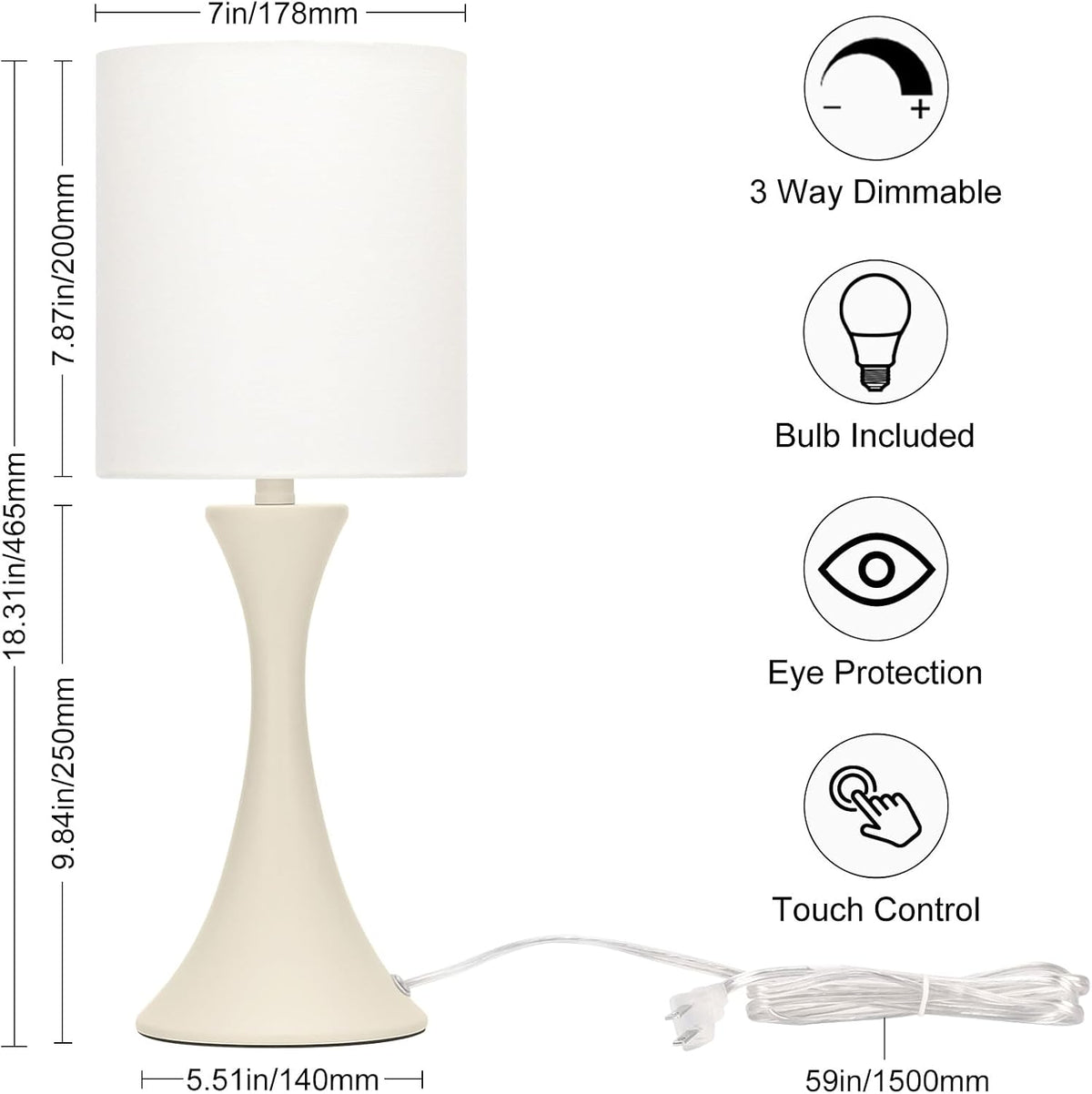Dimmable Wood Grain Metal Table Lamp, 3 Way Touch Lamp with White Shade