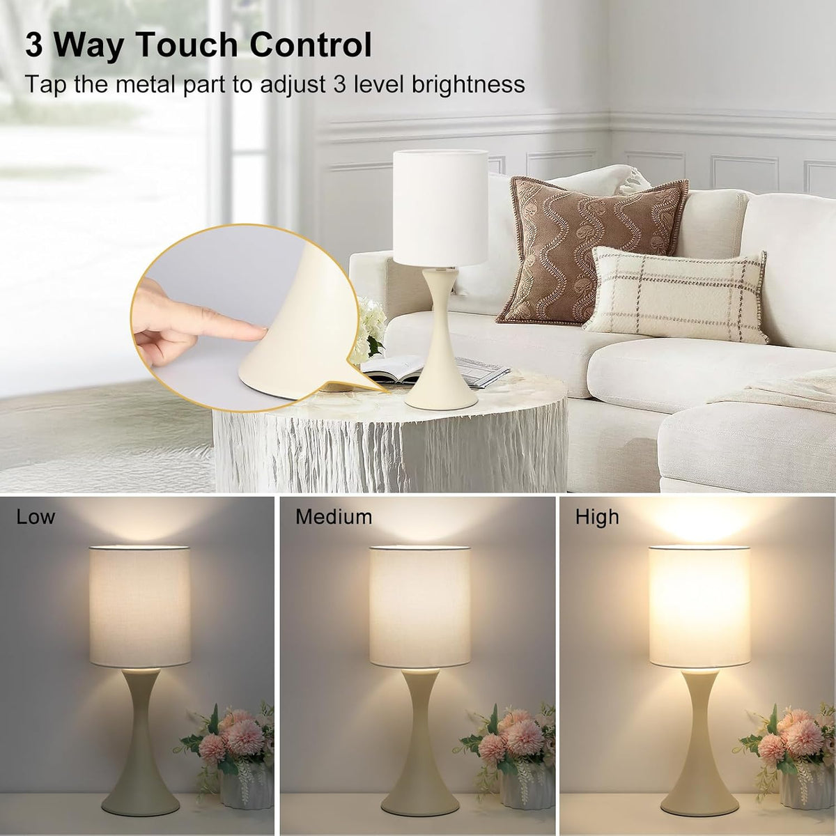 Dimmable Wood Grain Metal Table Lamp, 3 Way Touch Lamp with White Shade