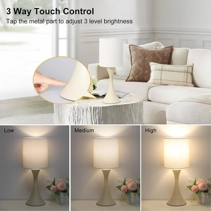 Dimmable Wood Grain Metal Table Lamp, 3 Way Touch Lamp with White Shade