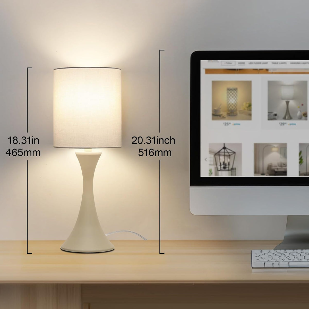 Dimmable Wood Grain Metal Table Lamp, 3 Way Touch Lamp with White Shade