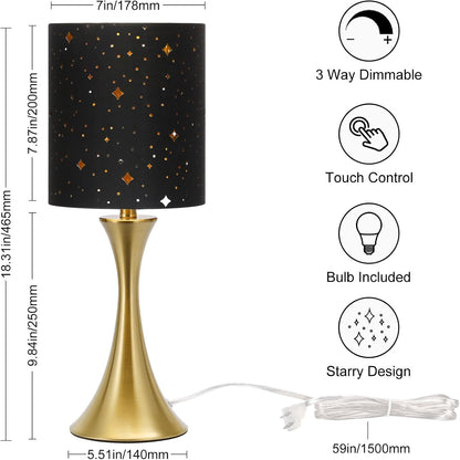 Dimmable Wood Grain Metal Table Lamp, 3 Way Touch Lamp with White Shade
