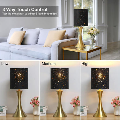 Dimmable Wood Grain Metal Table Lamp, 3 Way Touch Lamp with White Shade