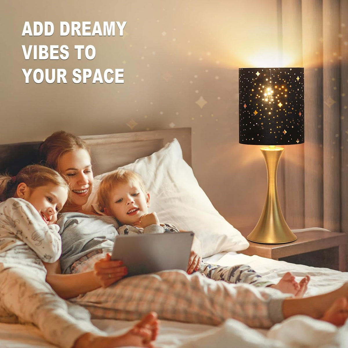Dimmable Wood Grain Metal Table Lamp, 3 Way Touch Lamp with White Shade