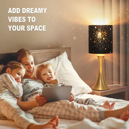 Dimmable Wood Grain Metal Table Lamp, 3 Way Touch Lamp with White Shade