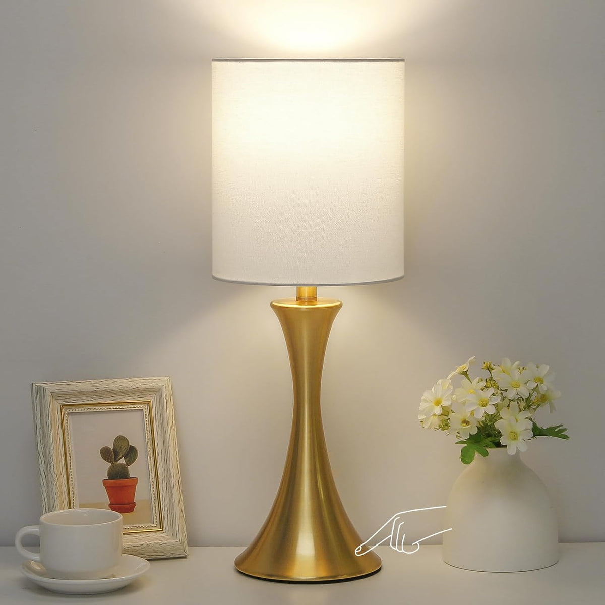 Dimmable Wood Grain Metal Table Lamp, 3 Way Touch Lamp with White Shade