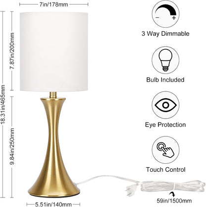 Dimmable Wood Grain Metal Table Lamp, 3 Way Touch Lamp with White Shade