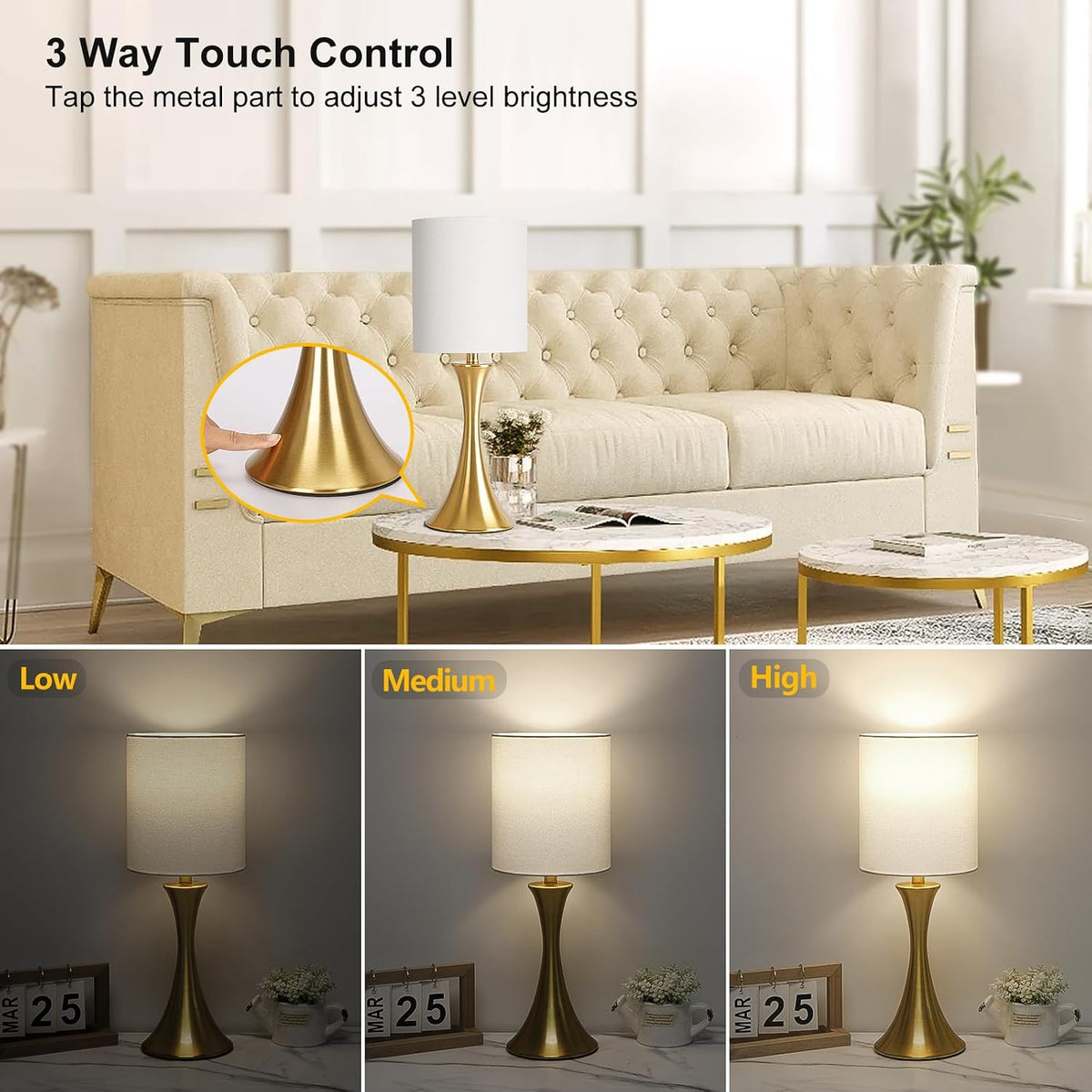 Dimmable Wood Grain Metal Table Lamp, 3 Way Touch Lamp with White Shade
