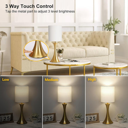 Dimmable Wood Grain Metal Table Lamp, 3 Way Touch Lamp with White Shade