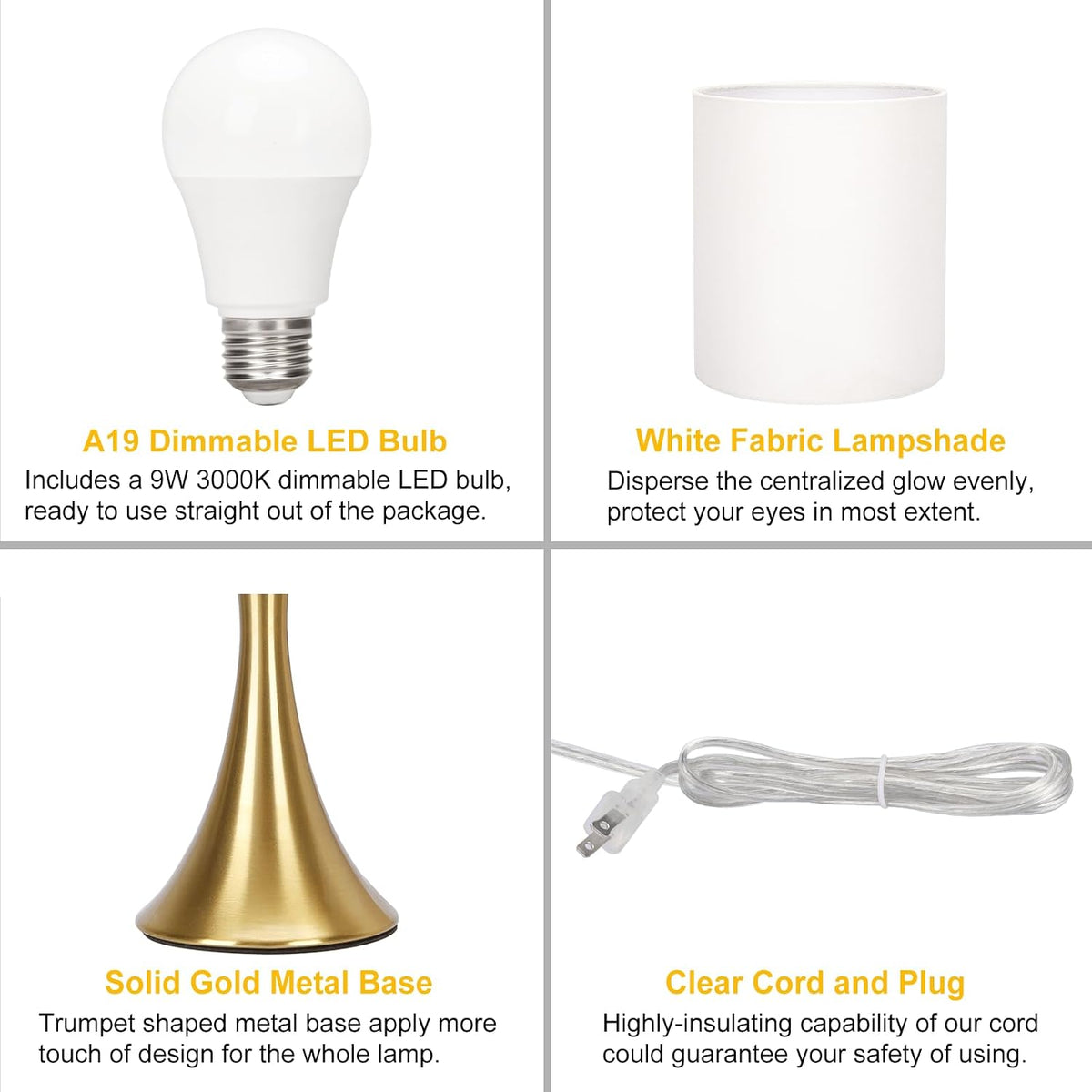 Dimmable Wood Grain Metal Table Lamp, 3 Way Touch Lamp with White Shade