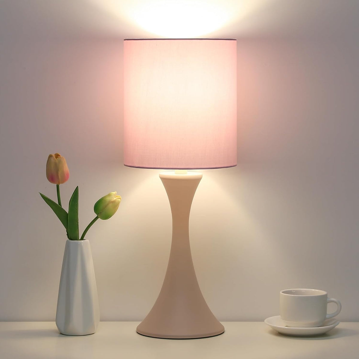 Dimmable Wood Grain Metal Table Lamp, 3 Way Touch Lamp with White Shade