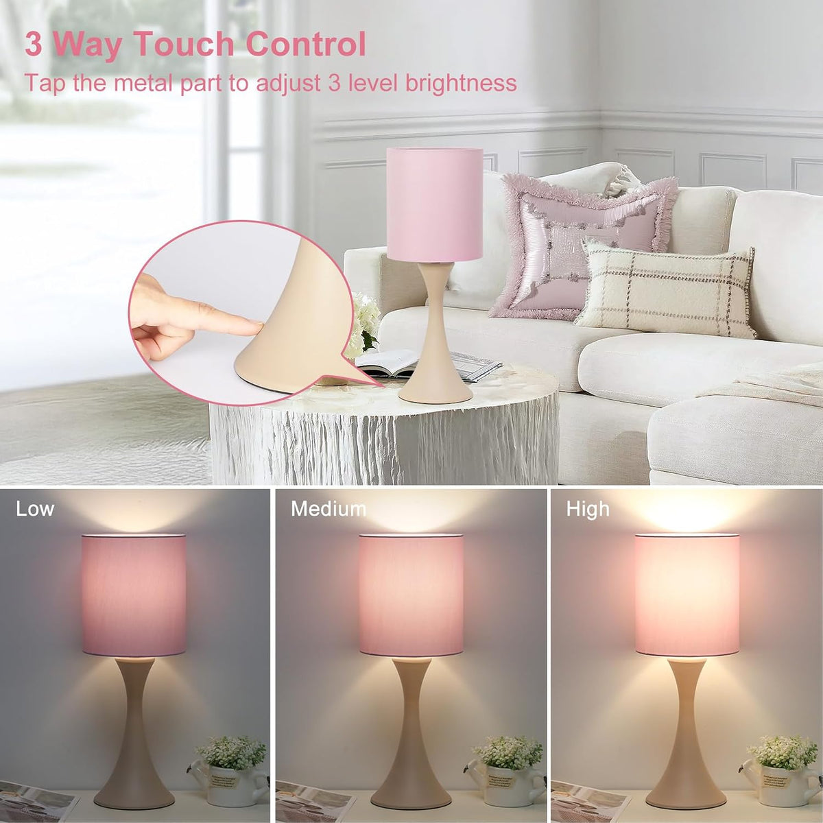 Dimmable Wood Grain Metal Table Lamp, 3 Way Touch Lamp with White Shade